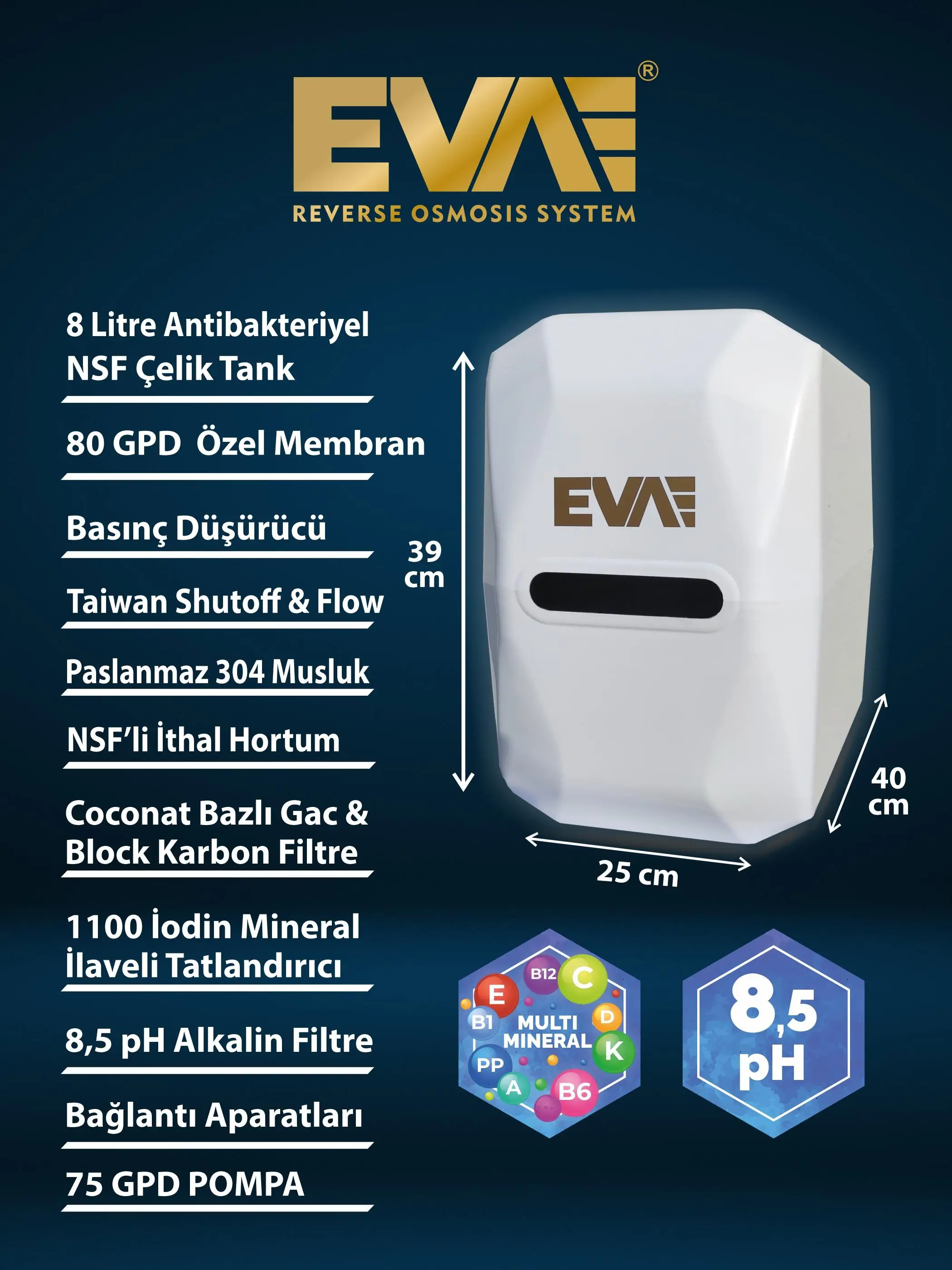 Eva Premium 8.5 Ph Pompalı Alkali Su Arıtma Cihazı Eva Premium 8.5 Ph Pompalı Alkali Su Arıtma Cihazı